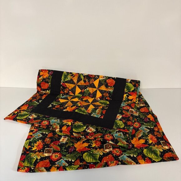Handmade Autumn Quilted Table Runner Postage Stamp Leaves Black Border 40x20in - Picture 1 of 4